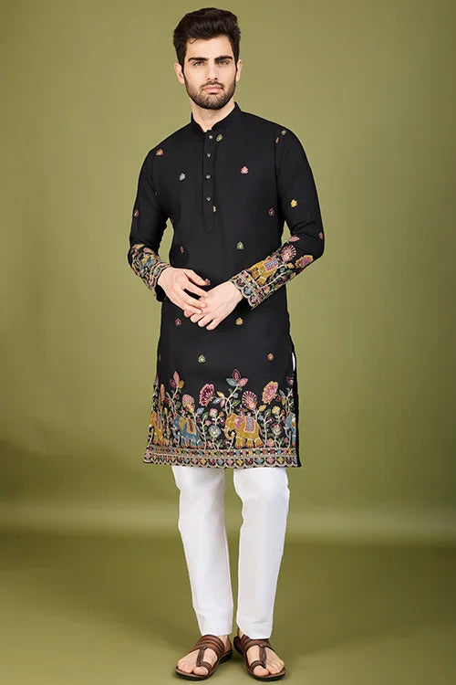 Men's Elegant Charm Cotton Embroidered Black Kurta