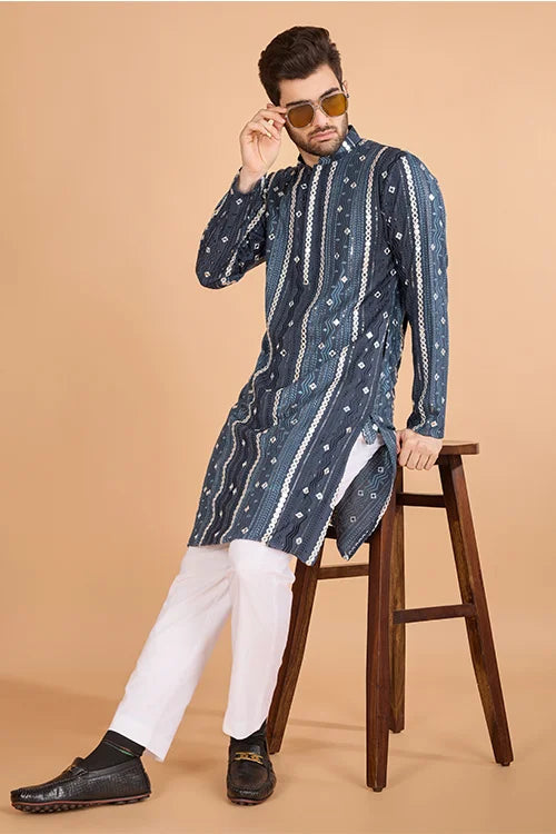 Men's Majestic Charm Silk Cotton Navy Blue Kurta