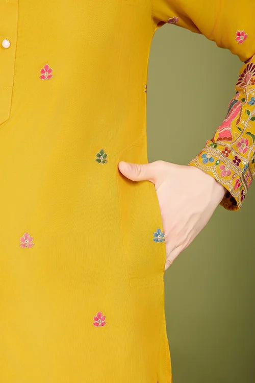 Men's Elegant Charm Cotton Embroidered Yellow Kurta