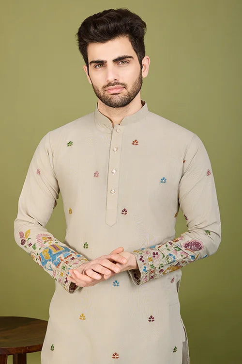 Men's Elegant Charm Cotton Embroidered beige Kurta