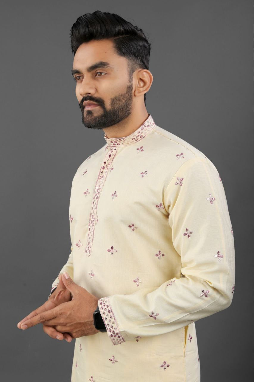 Men's Heritage Glory Russian Silk Light Yellow Kurta Set