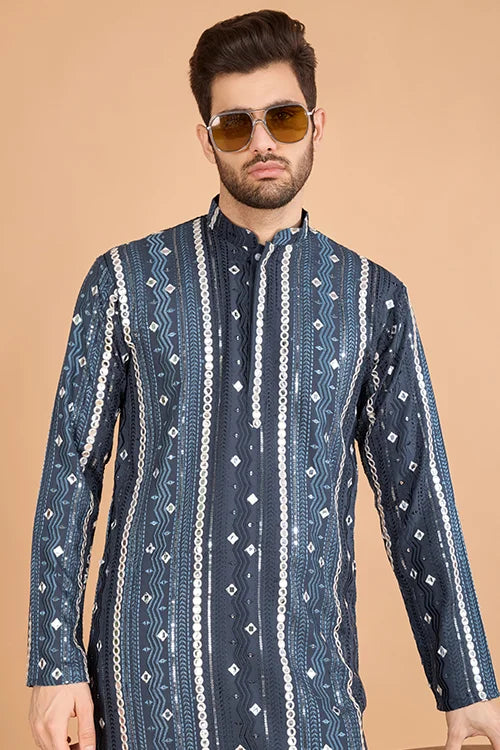Men's Majestic Charm Silk Cotton Navy Blue Kurta
