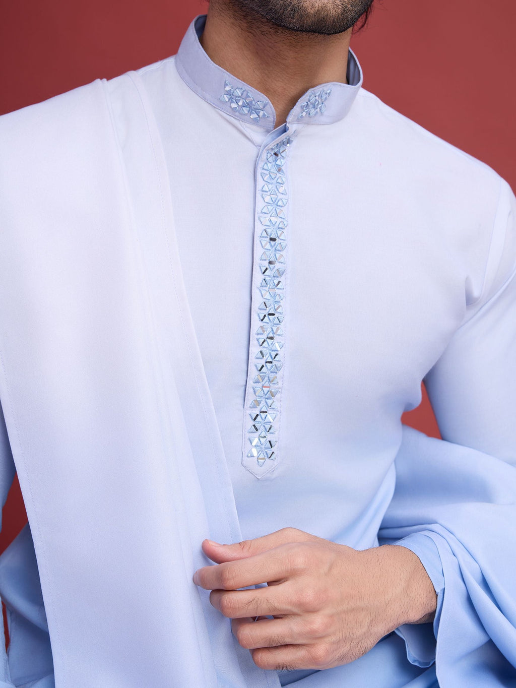 Men's Real Radiant Reflection Mirror Work Sky Blue Kurta