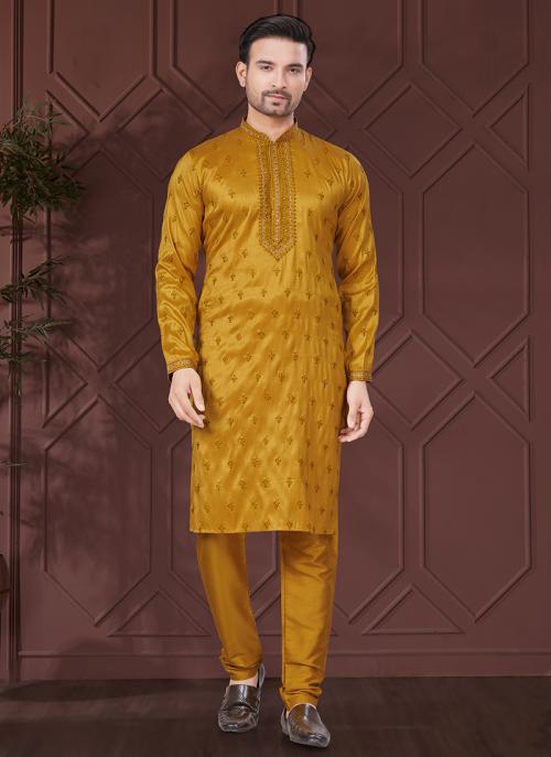 Men’s Sequin Silk Mustard Kurta Set