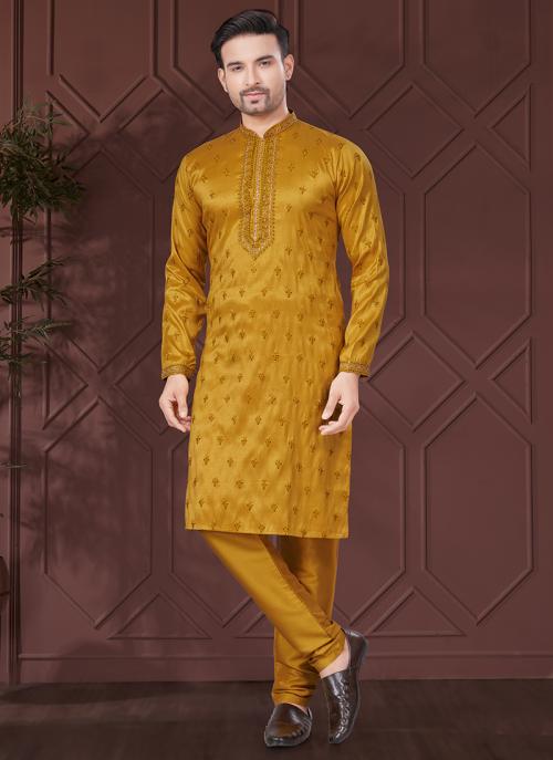 Men’s Sequin Silk Mustard Kurta Set