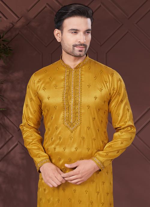 Men’s Sequin Silk Mustard Kurta Set