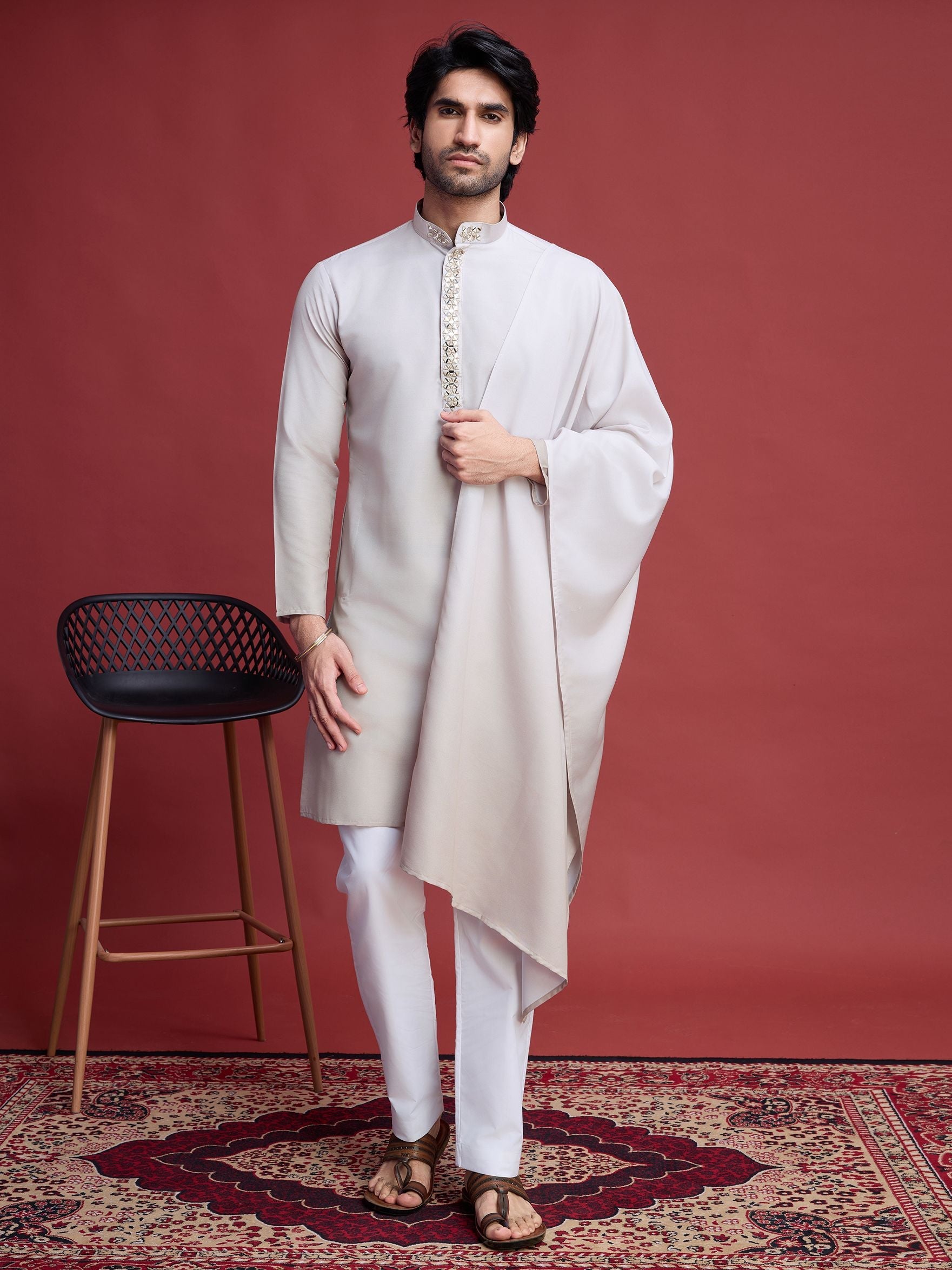 Men's Real Radiant Reflection Mirror Work Off-White Kurta