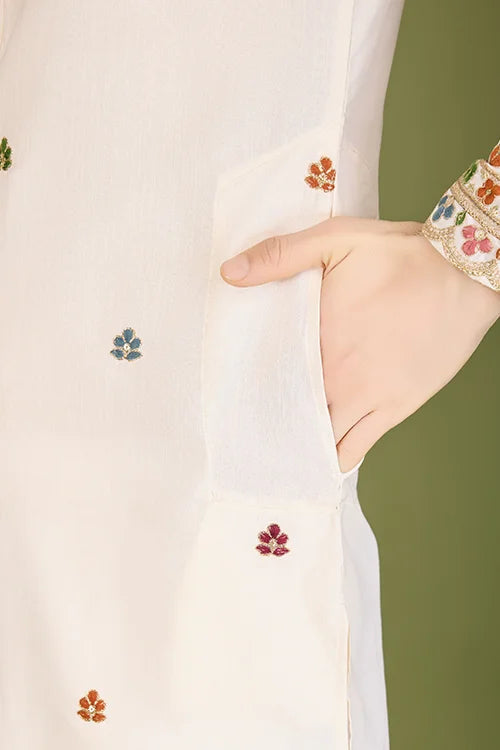 Men's Elegant Charm Cotton Embroidered Cream Kurta