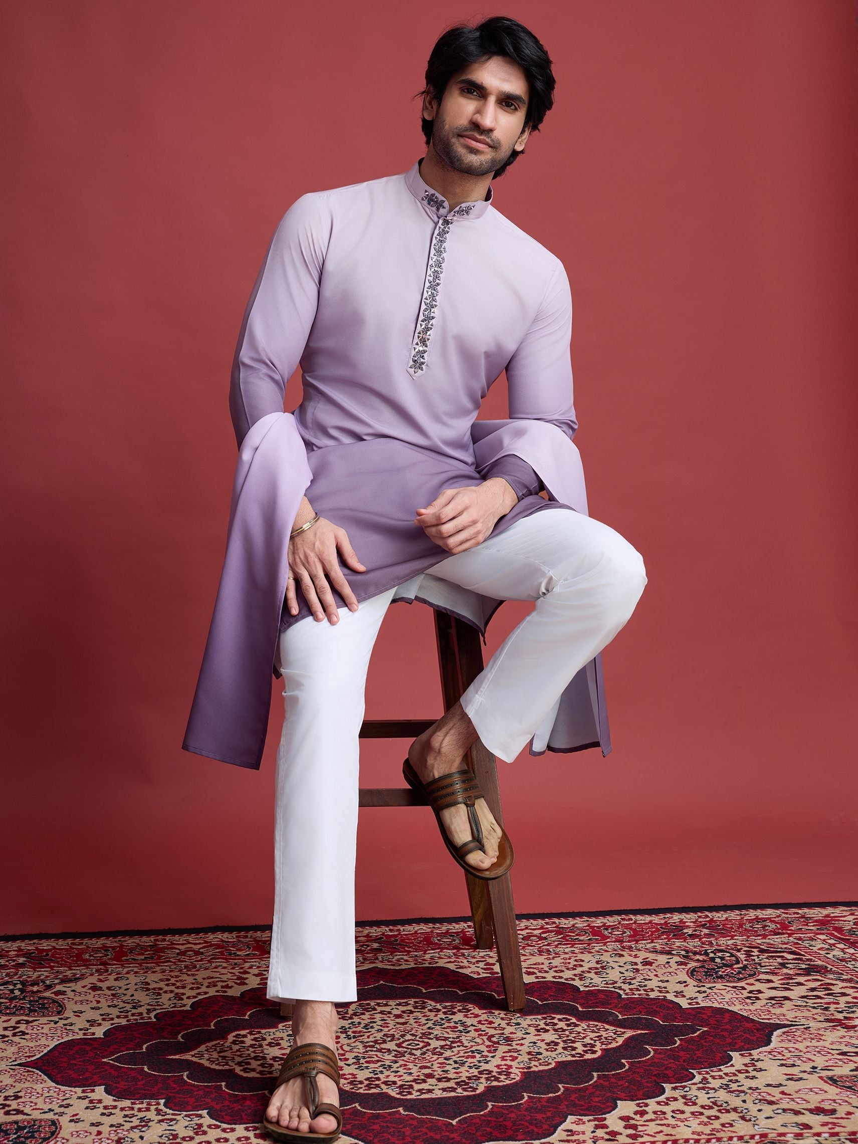 Men's Real Radiant Reflection Mirror Work Lavender Kurta