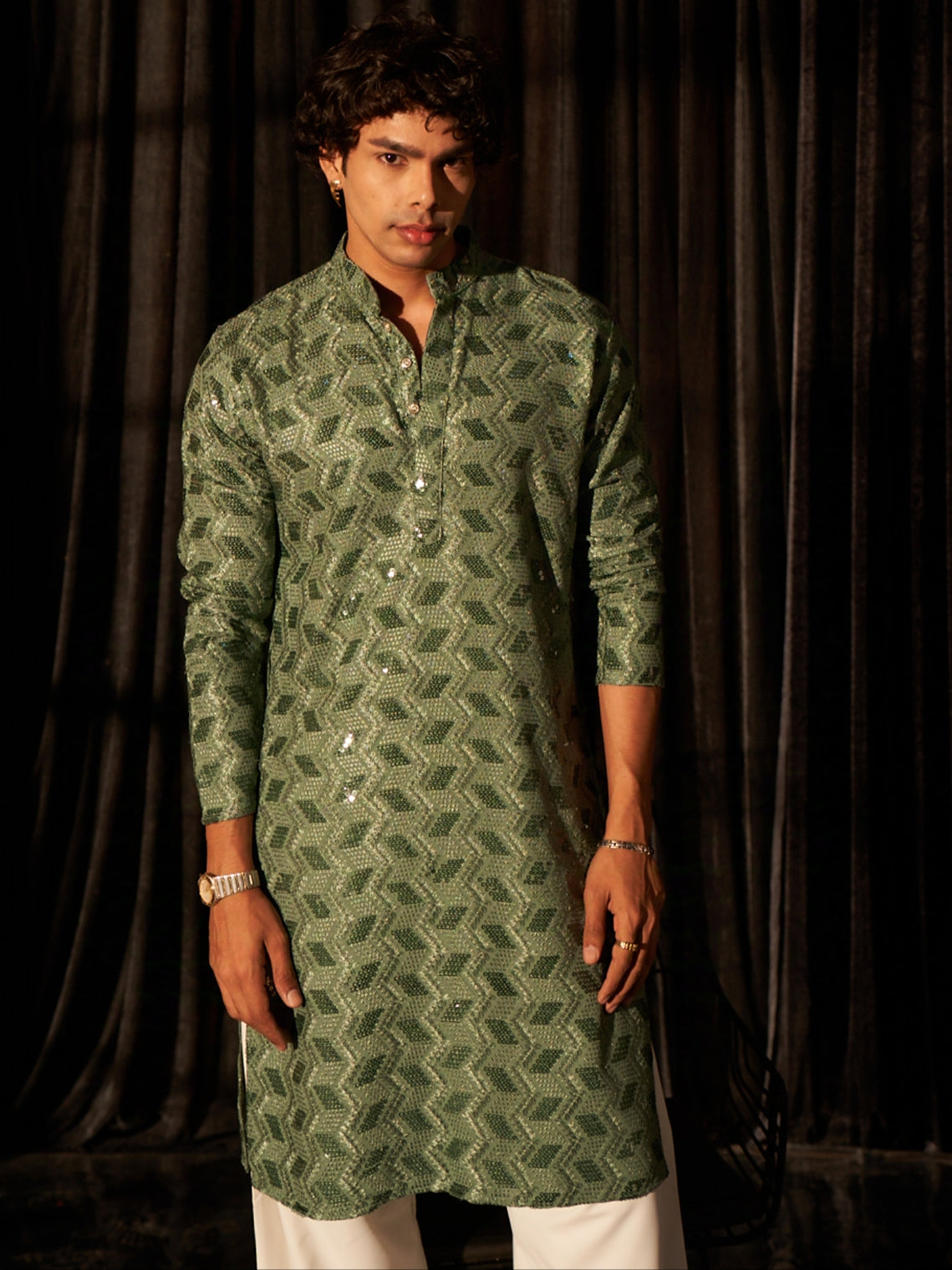 Men's Geometric Pattern Olive Green Kurta