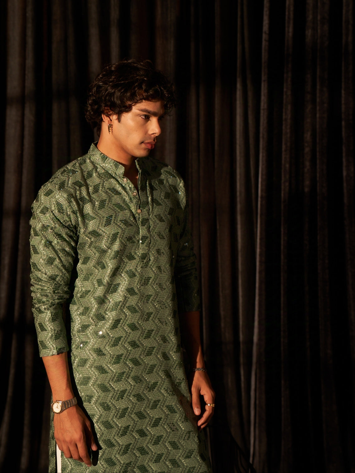 Men's Geometric Pattern Olive Green Kurta
