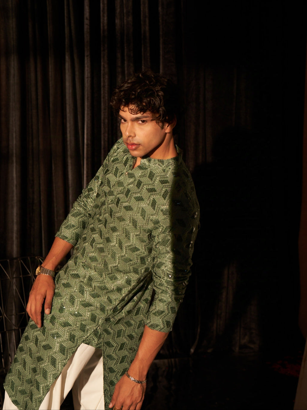Men's Geometric Pattern Olive Green Kurta