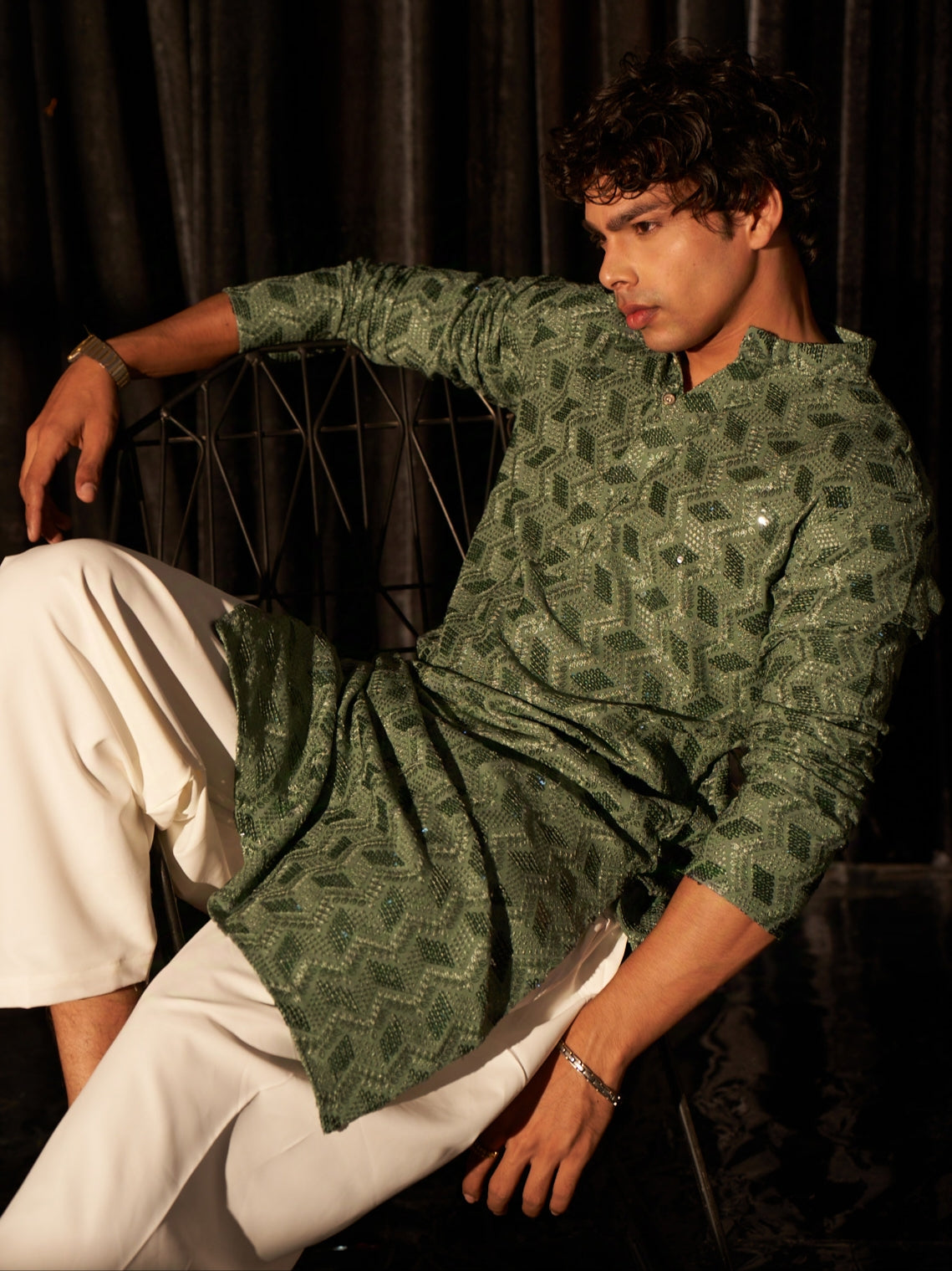 Men's Geometric Pattern Olive Green Kurta