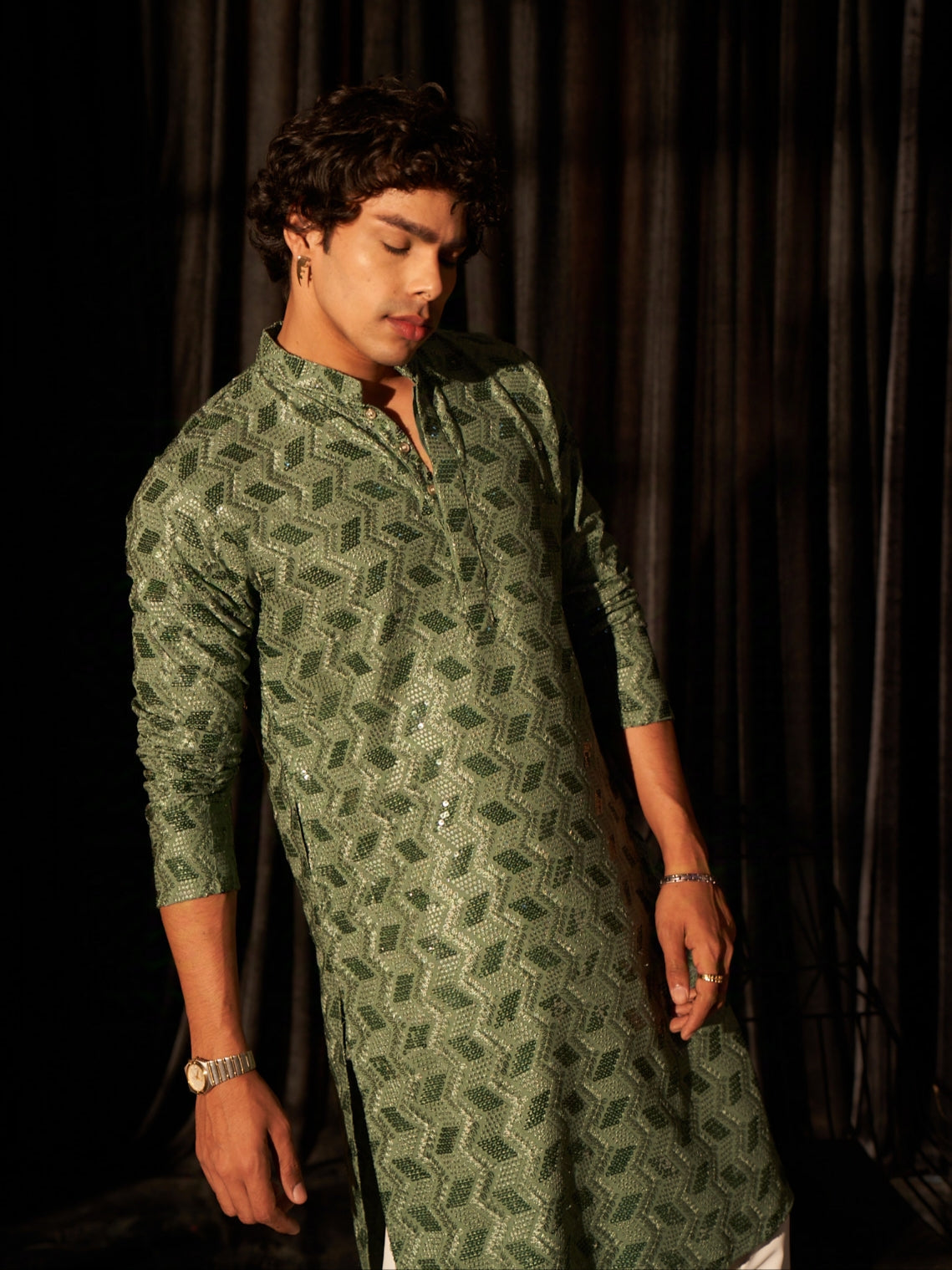 Men's Geometric Pattern Olive Green Kurta