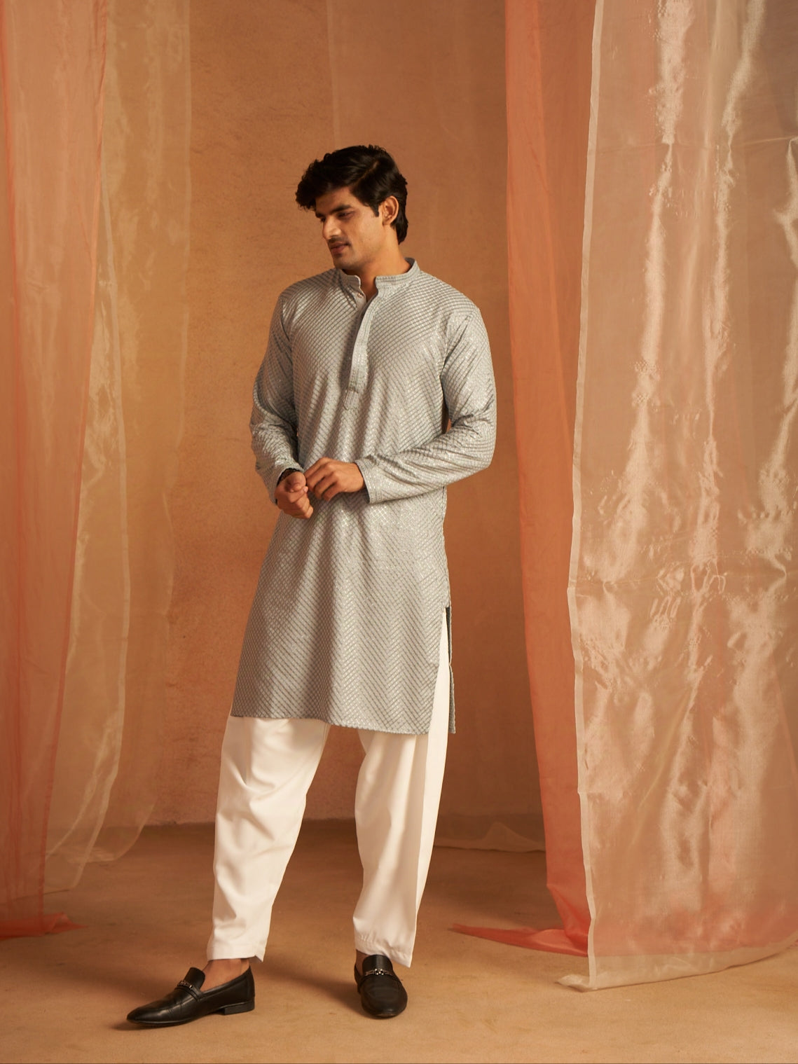 Men's Chevron Shine Silver Grey Kurta