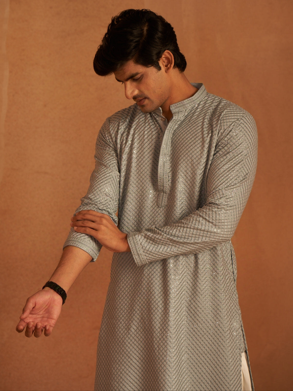 Men's Chevron Shine Silver Grey Kurta