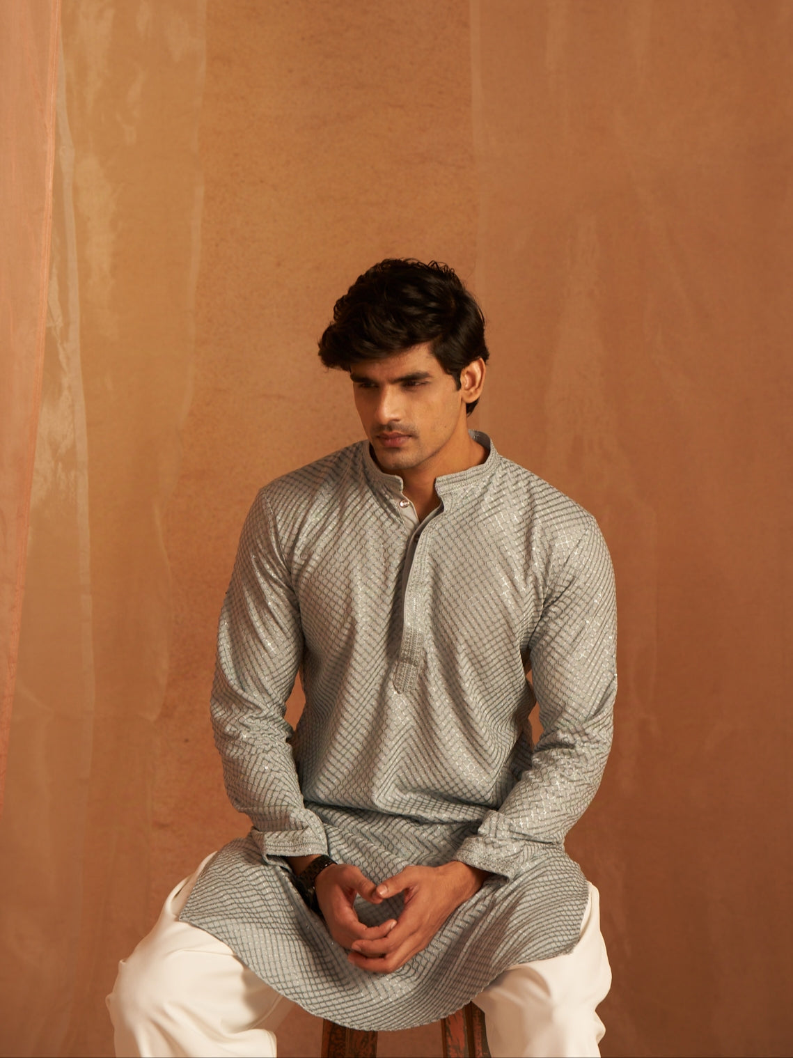 Men's Chevron Shine Silver Grey Kurta