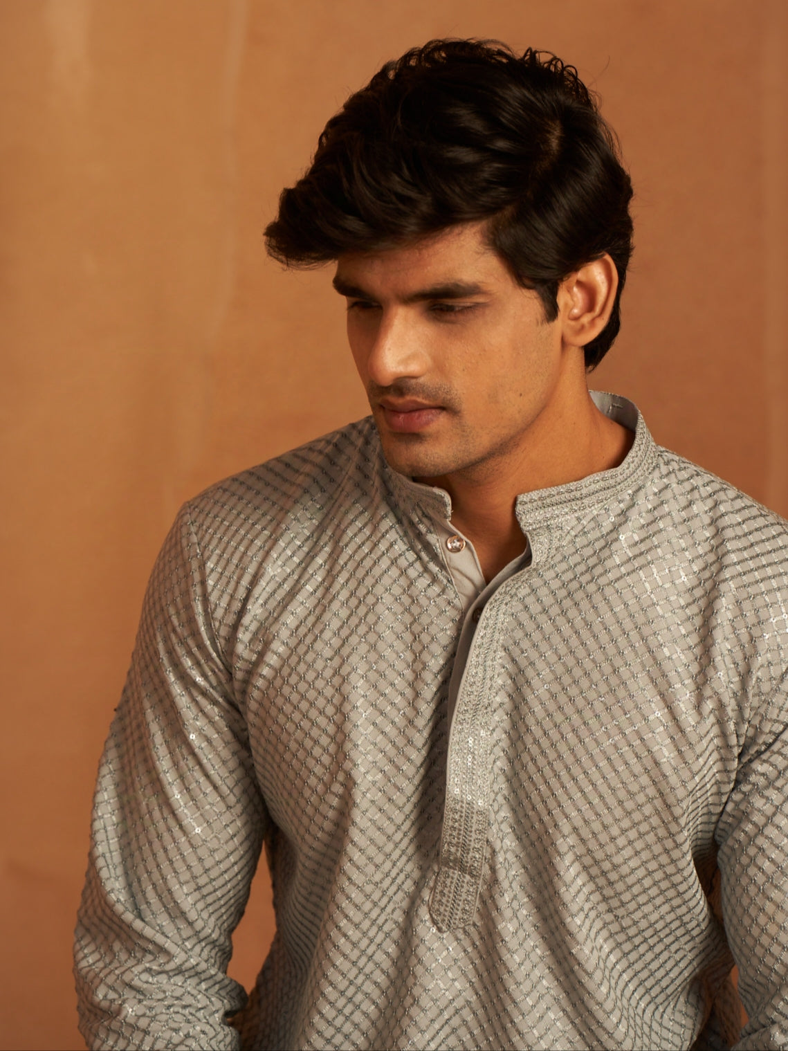 Men's Chevron Shine Silver Grey Kurta