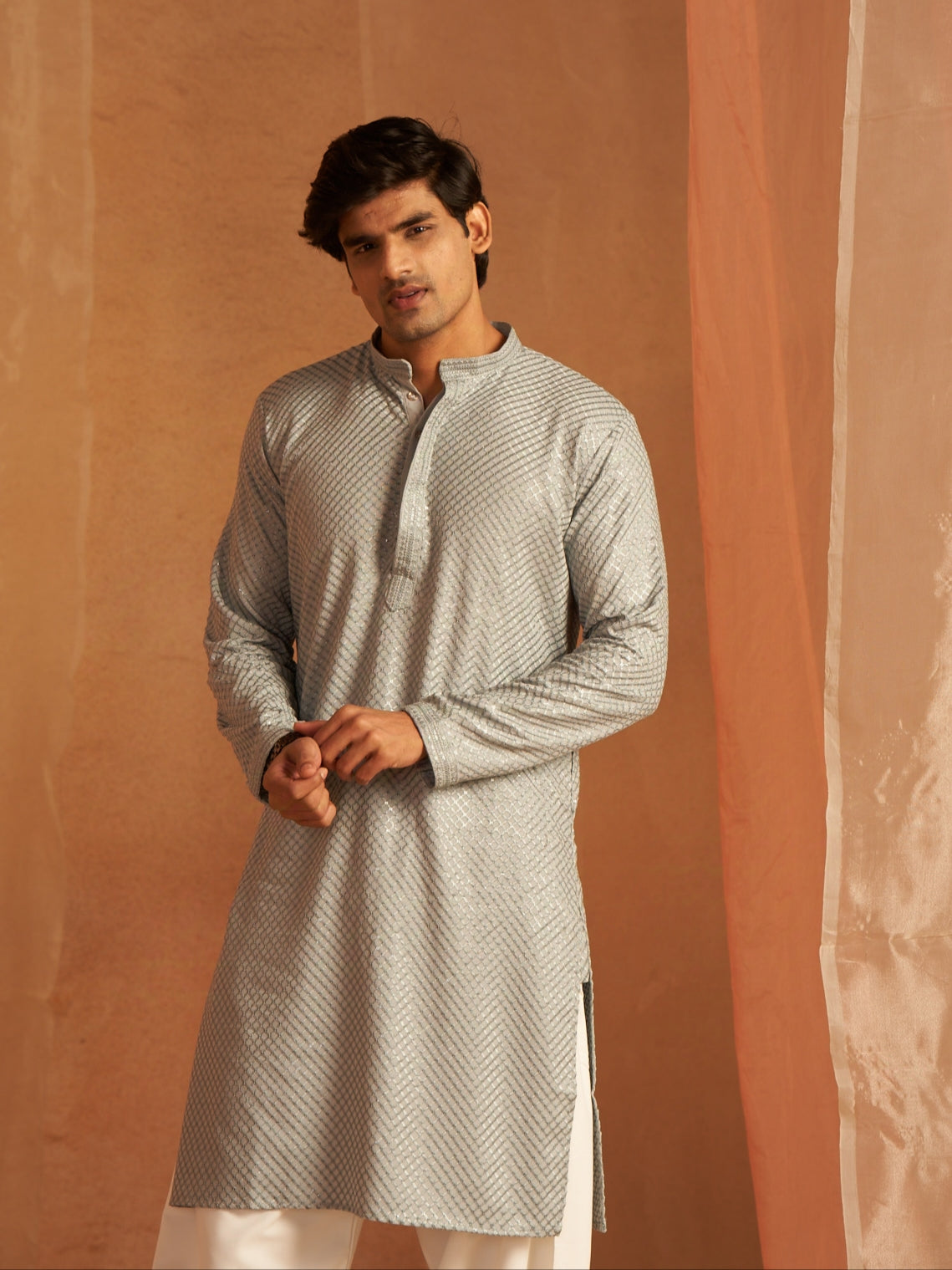 Men's Chevron Shine Silver Grey Kurta