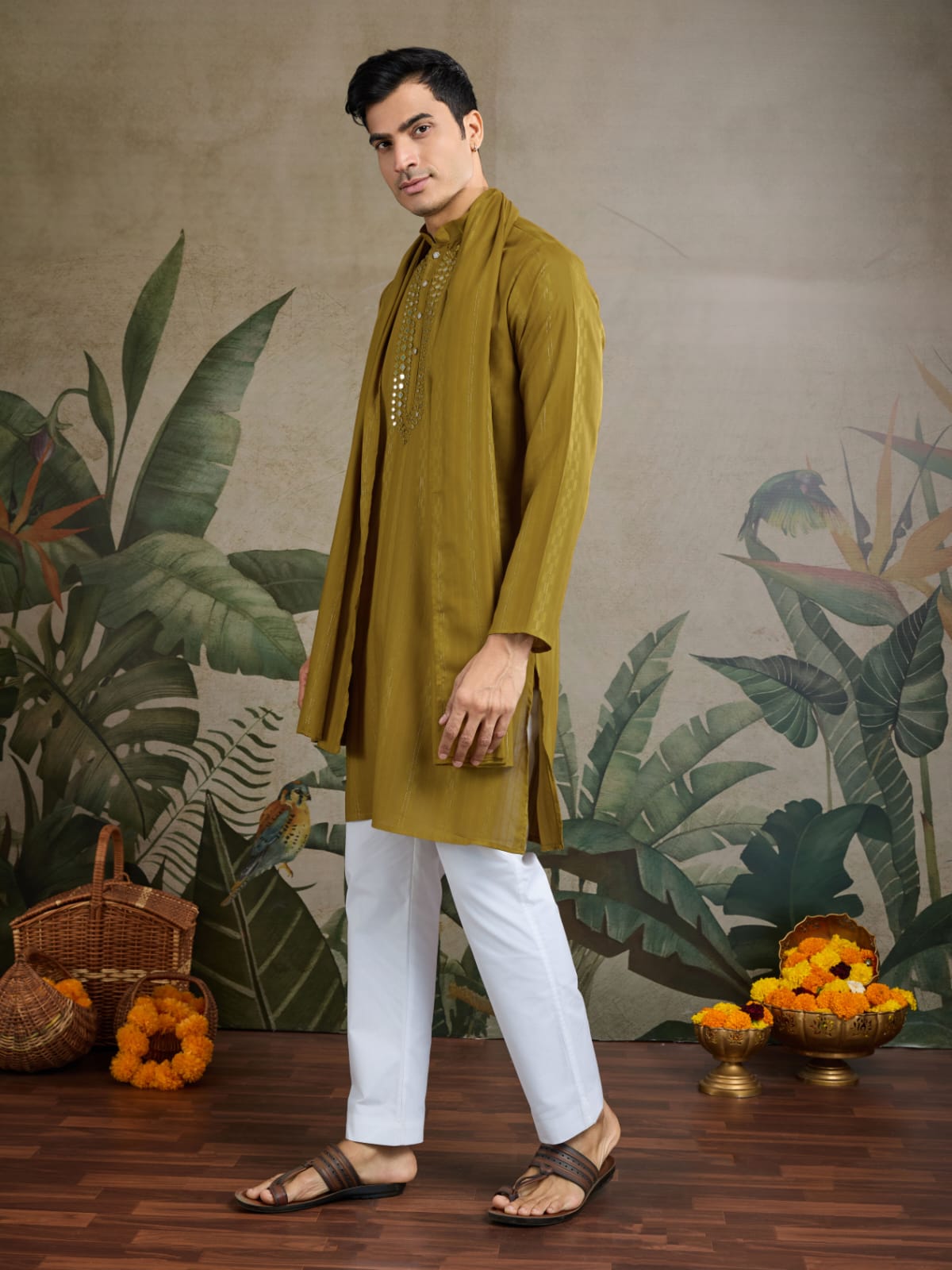 Men's Royal Reflection Mirror Work Mustard Yellow Kurta Set
