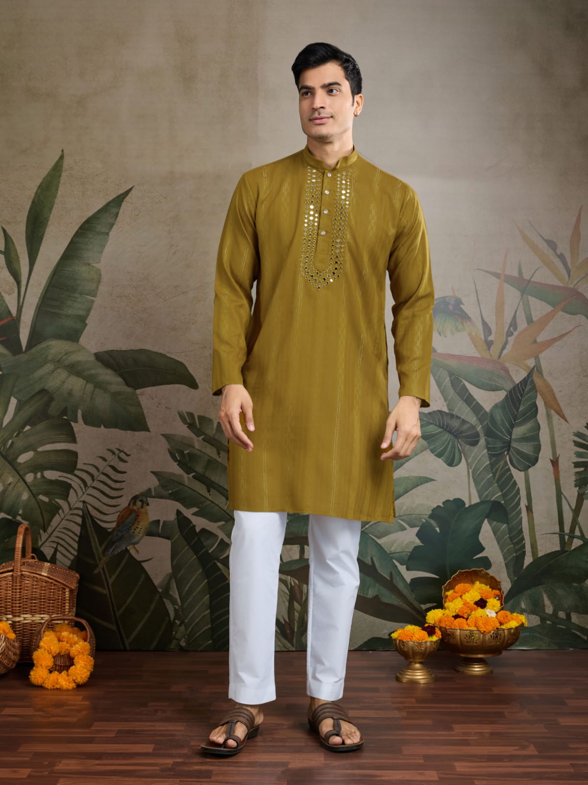 Men's Royal Reflection Mirror Work Mustard Yellow Kurta Set