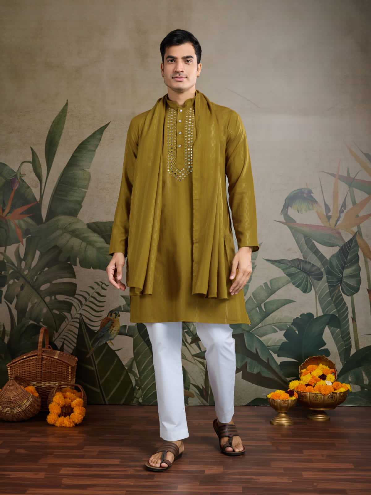 Men's Royal Reflection Mirror Work Mustard Yellow Kurta Set