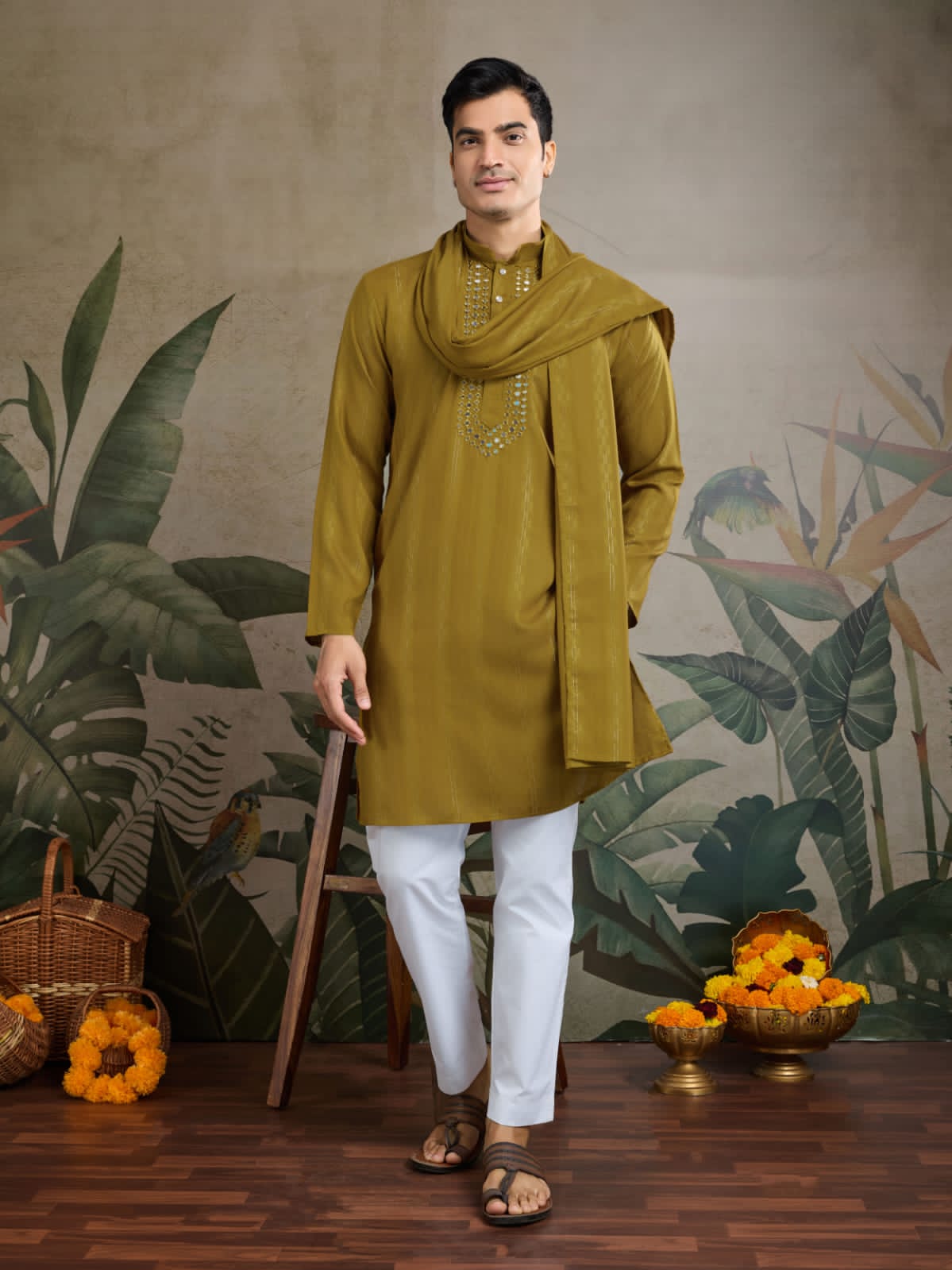 Men's Royal Reflection Mirror Work Mustard Yellow Kurta Set