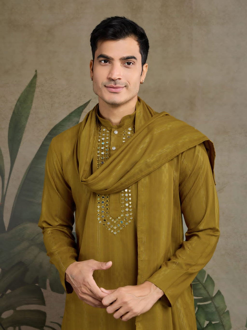 Men's Royal Reflection Mirror Work Mustard Yellow Kurta Set