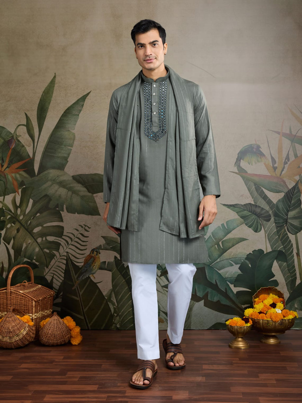 Men's Royal Reflection Mirror Work Olive Green Kurta Set