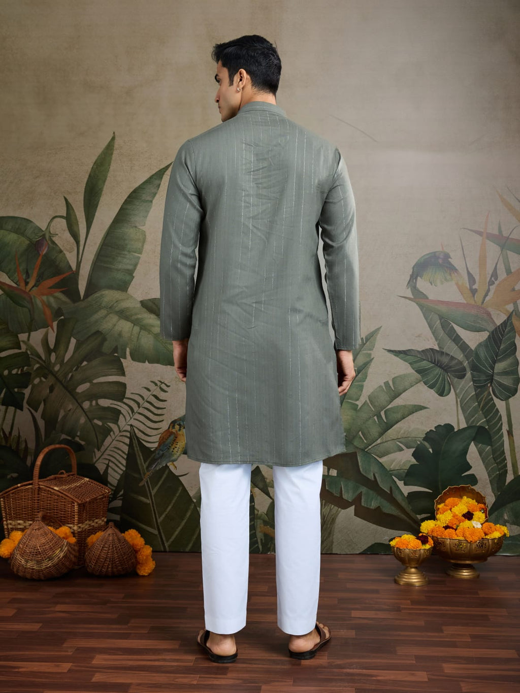 Men's Royal Reflection Mirror Work Olive Green Kurta Set