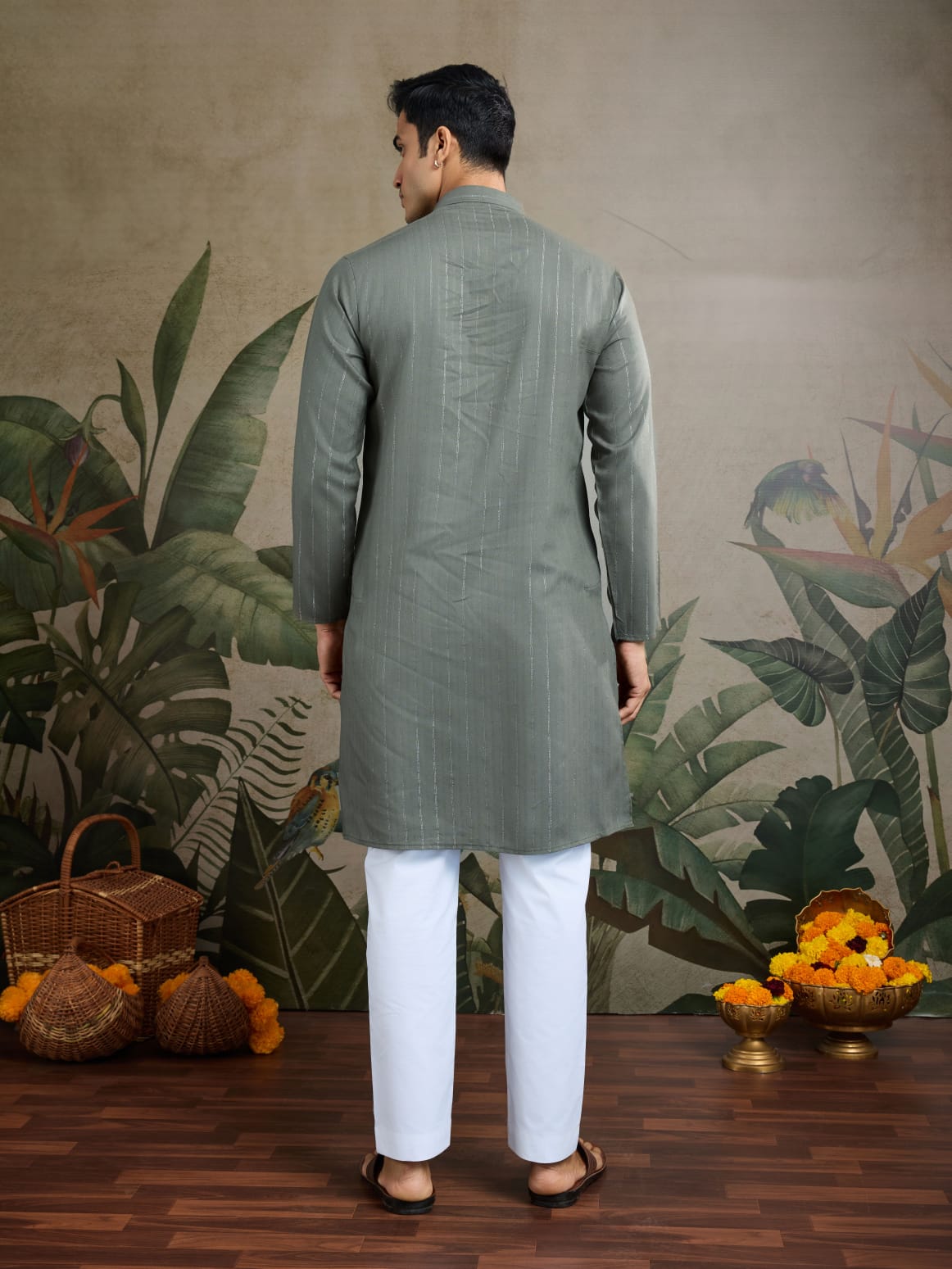 Men's Royal Reflection Mirror Work Olive Green Kurta Set
