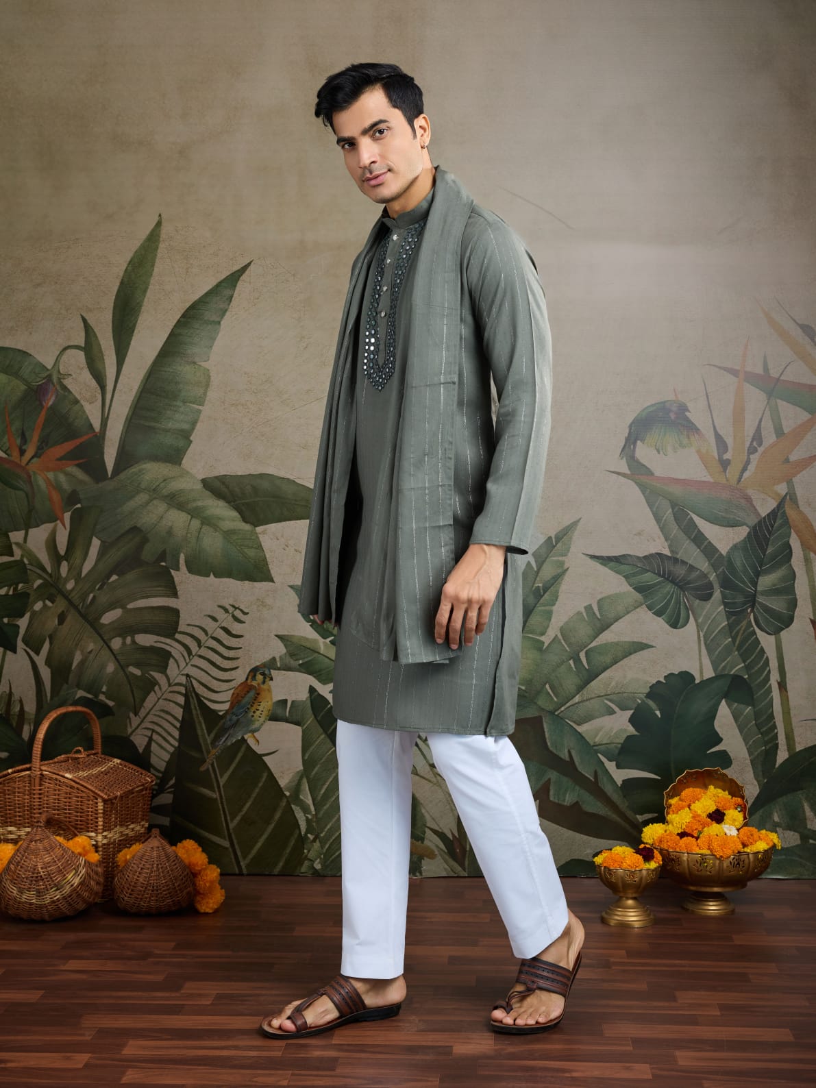 Men's Royal Reflection Mirror Work Olive Green Kurta Set