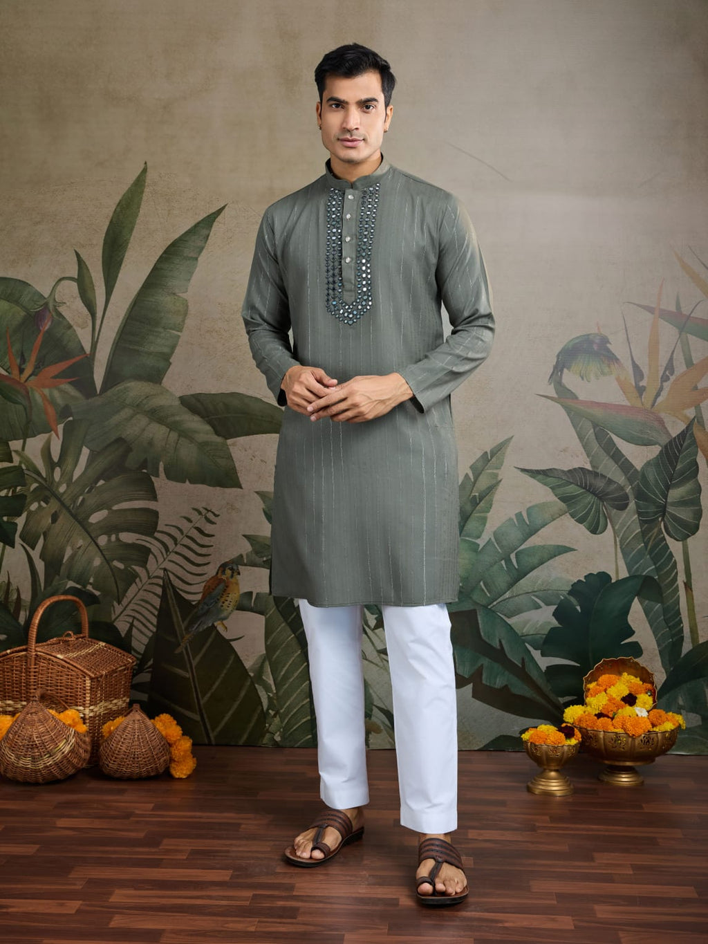 Men's Royal Reflection Mirror Work Olive Green Kurta Set