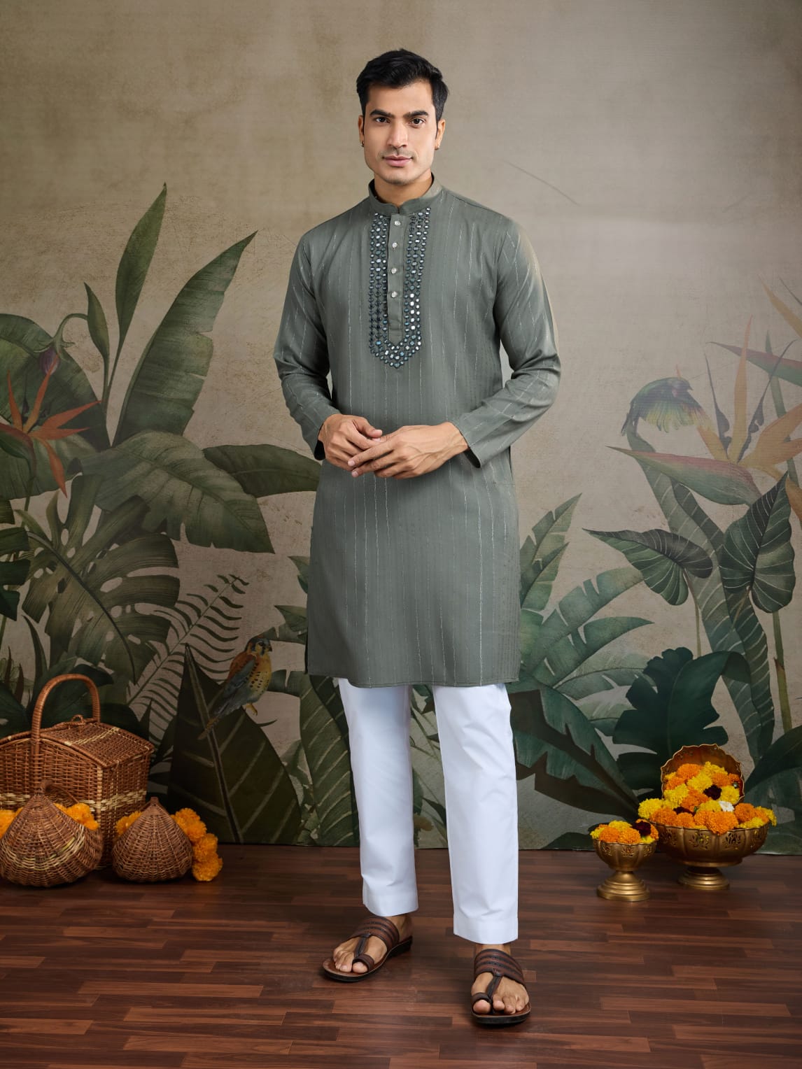 Men's Royal Reflection Mirror Work Olive Green Kurta Set