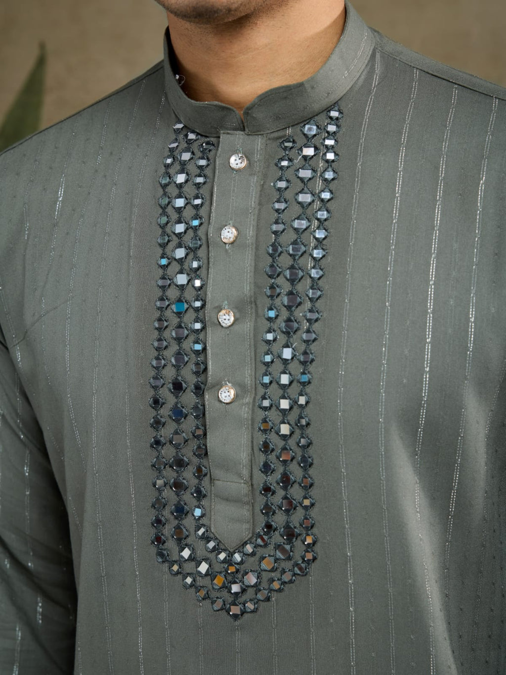 Men's Royal Reflection Mirror Work Olive Green Kurta Set