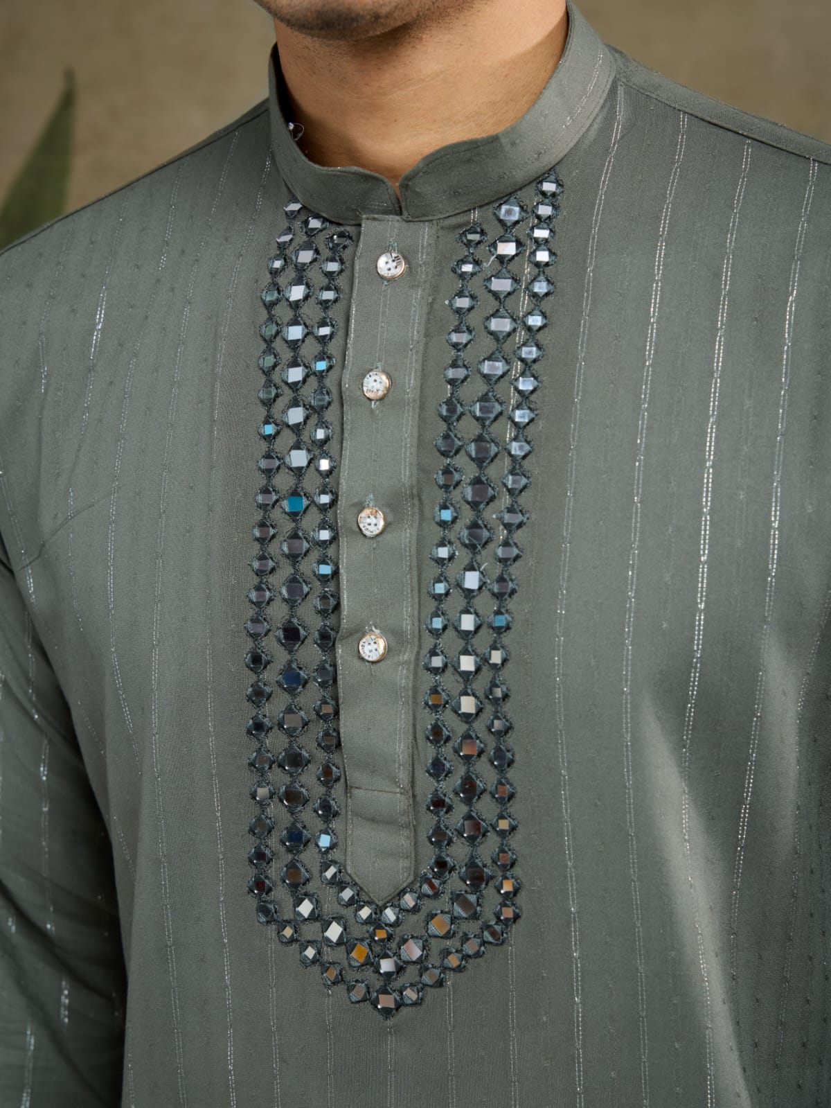 Men's Royal Reflection Mirror Work Olive Green Kurta Set