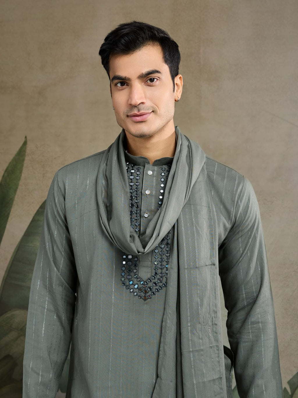 Men's Royal Reflection Mirror Work Olive Green Kurta Set
