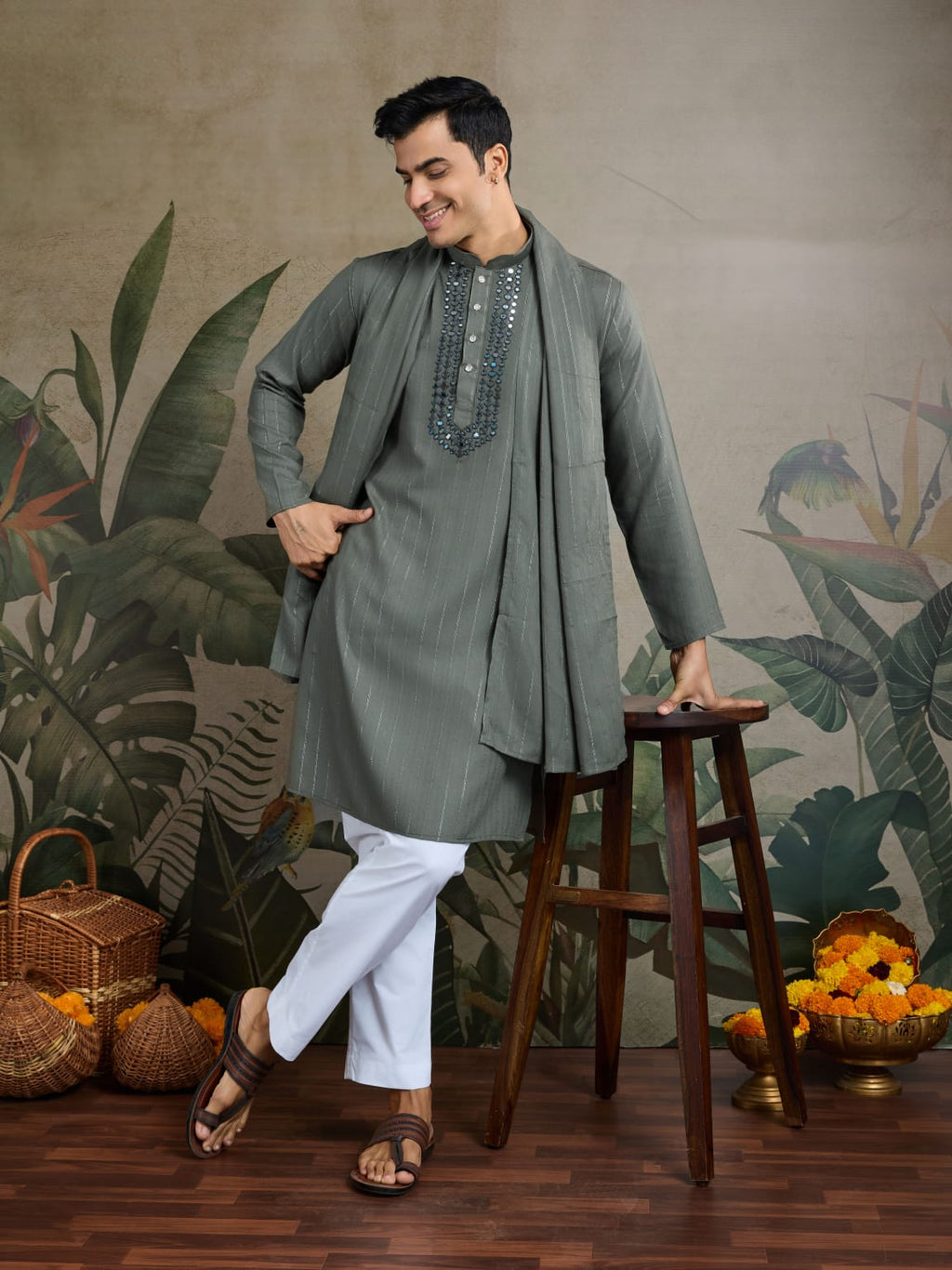 Men's Royal Reflection Mirror Work Olive Green Kurta Set