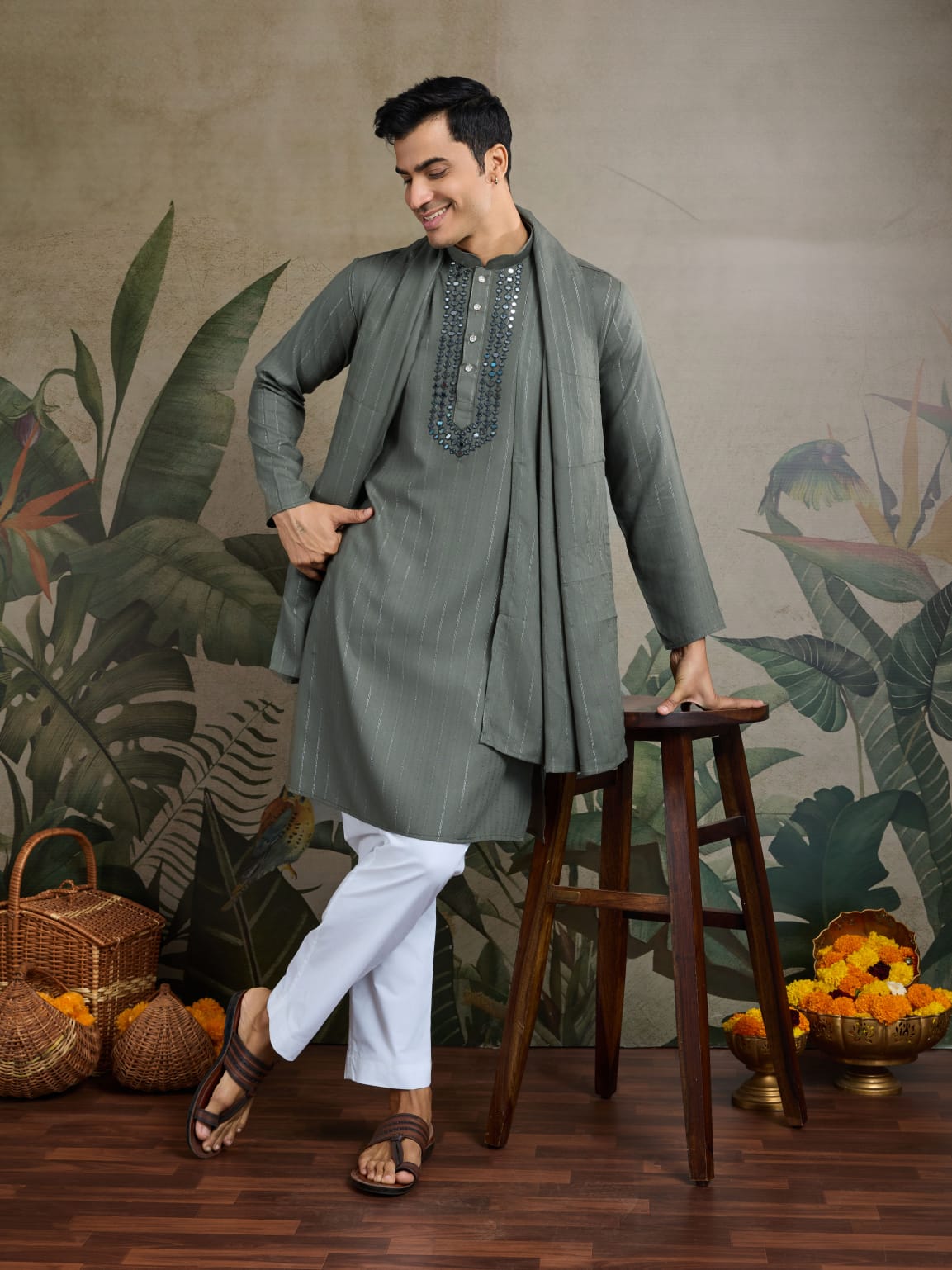 Men's Royal Reflection Mirror Work Olive Green Kurta Set