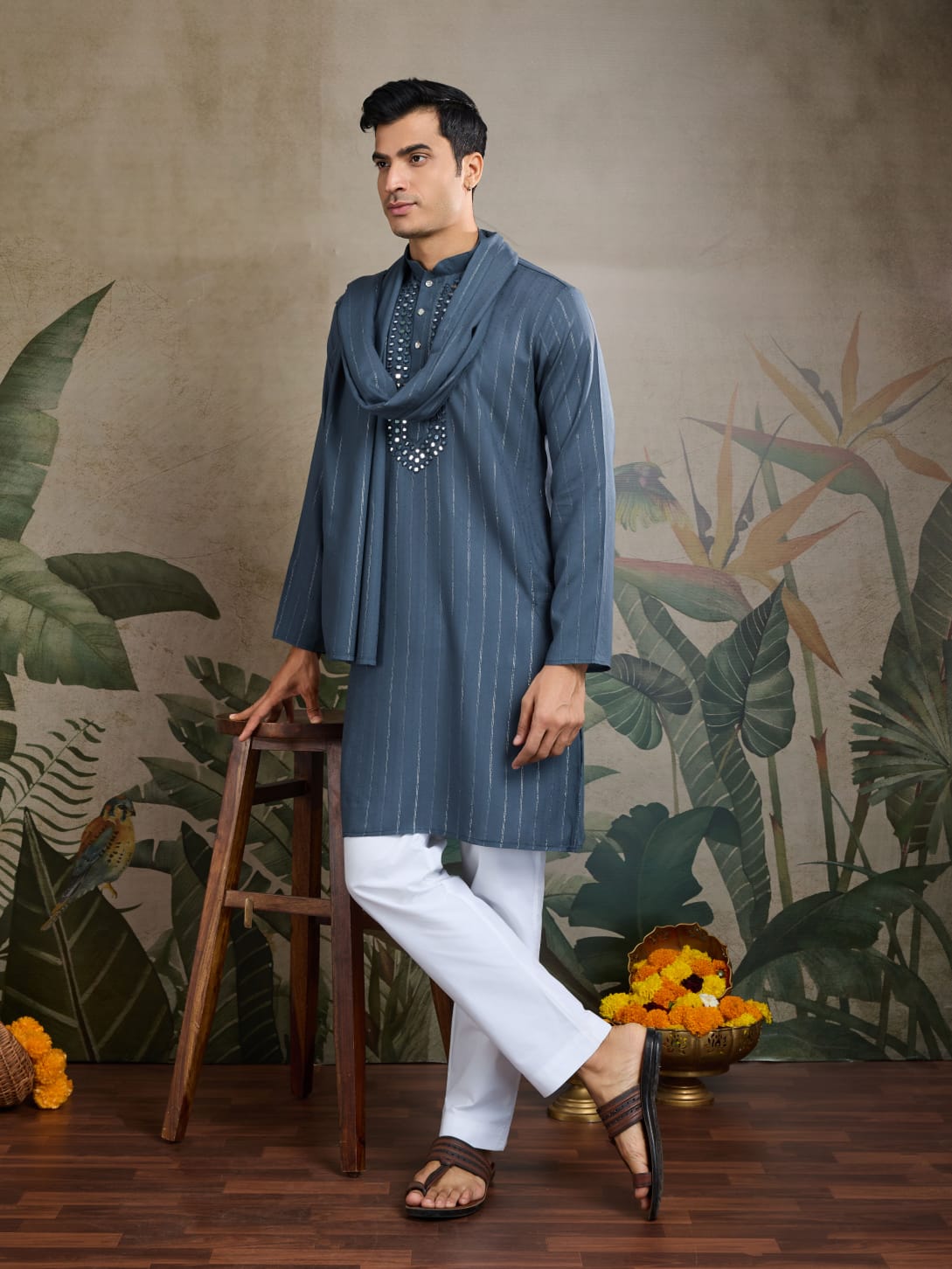 Men's Royal Reflection Mirror Work Slate Blue Kurta Set
