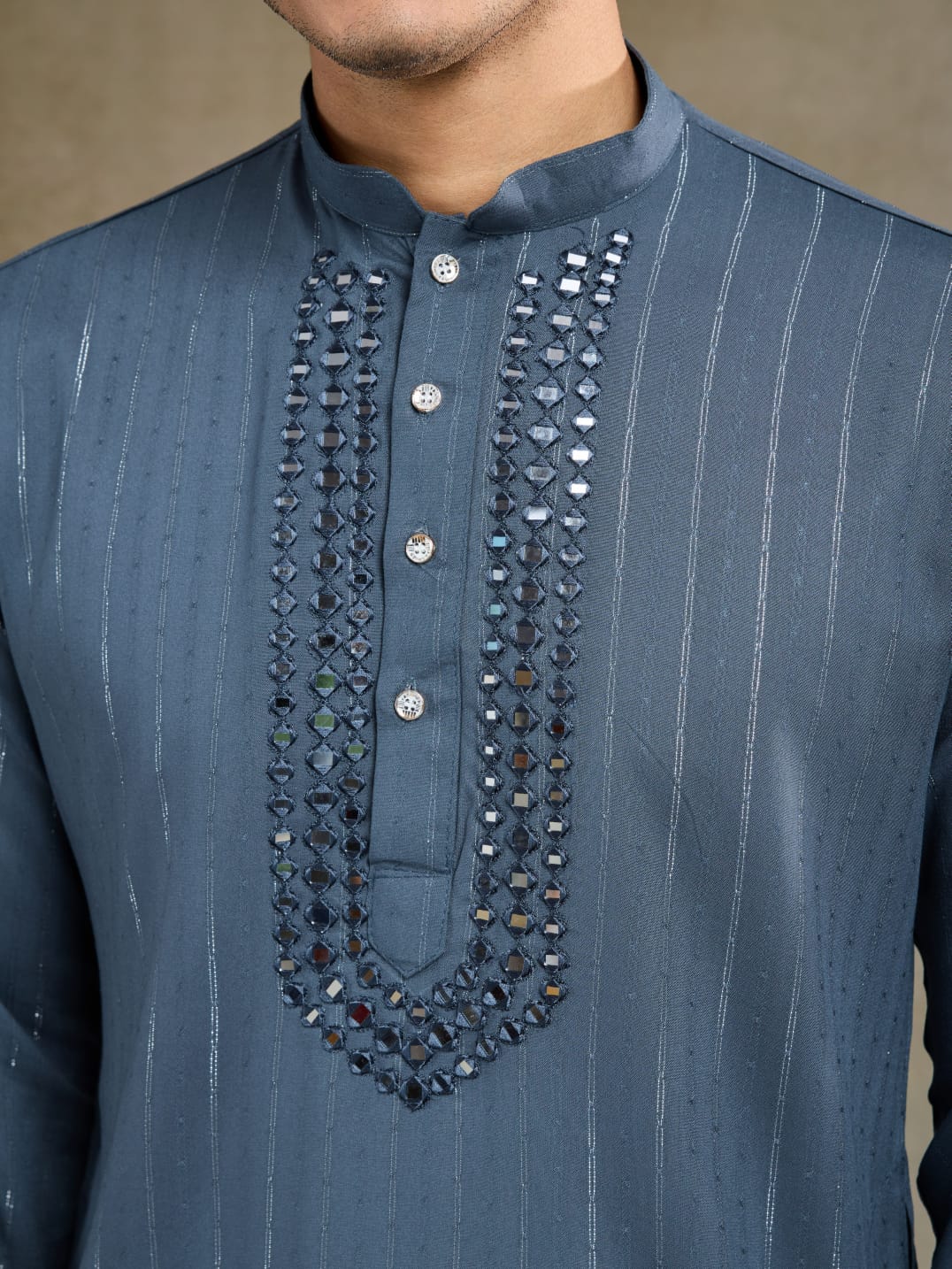 Men's Royal Reflection Mirror Work Slate Blue Kurta Set