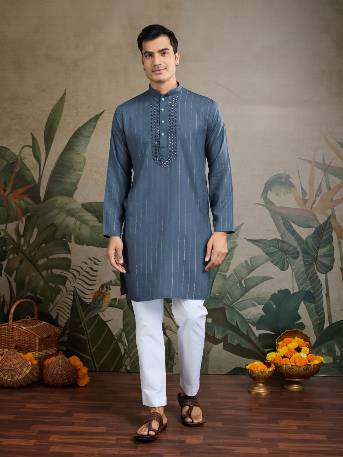 Men's Royal Reflection Mirror Work Slate Blue Kurta Set