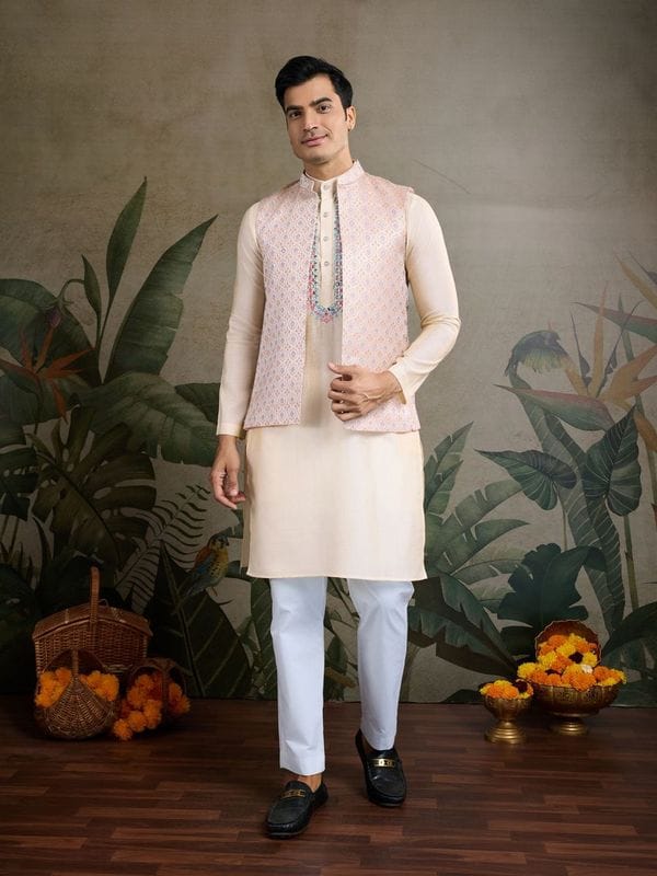 Royal Charm Viscose Silk Cream Kurta Koti Set
