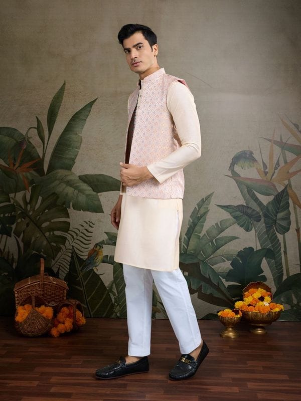 Royal Charm Viscose Silk Cream Kurta Koti Set