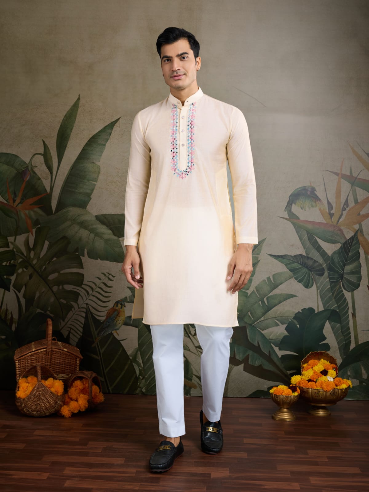 Royal Charm Viscose Silk Cream Kurta Koti Set