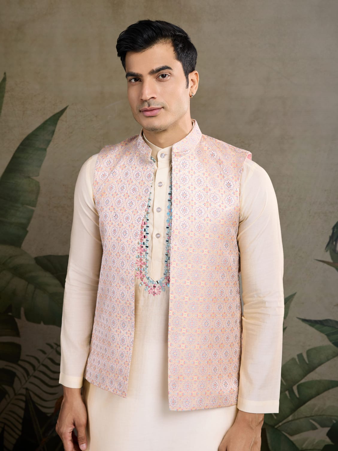 Royal Charm Viscose Silk Cream Kurta Koti Set