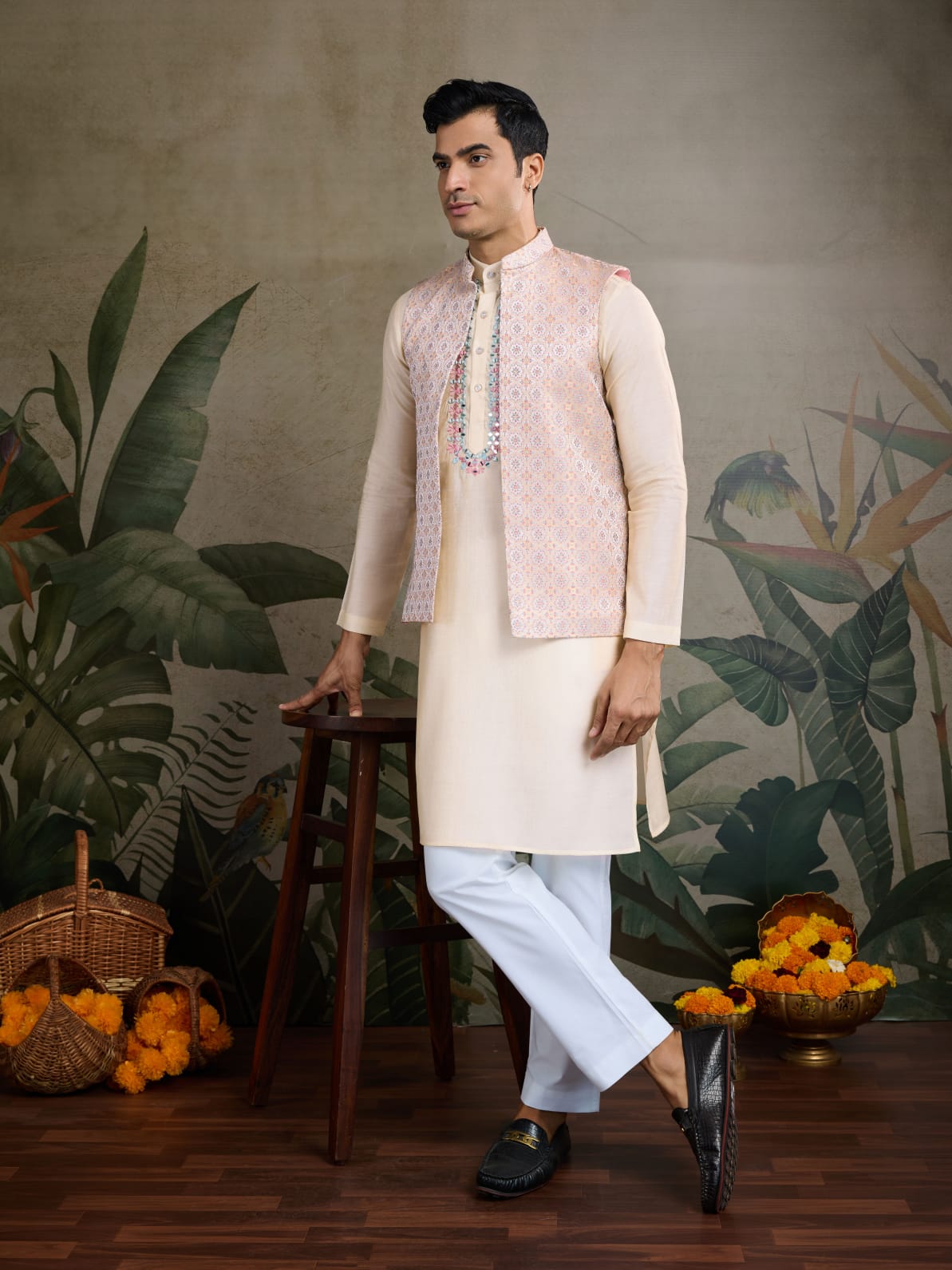 Royal Charm Viscose Silk Cream Kurta Koti Set