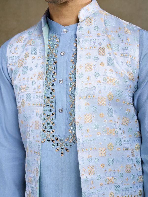 Royal Charm Viscose Silk Sky Blue Kurta Koti Set