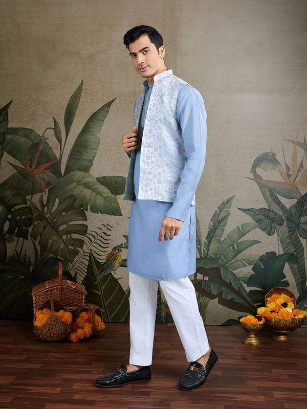 Royal Charm Viscose Silk Sky Blue Kurta Koti Set