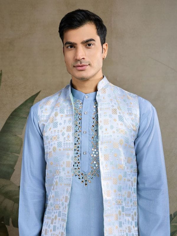 Royal Charm Viscose Silk Sky Blue Kurta Koti Set